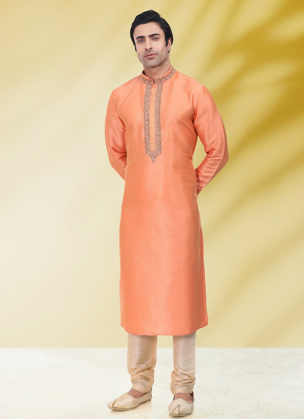 Kurta Pyjama Art Banarasi Silk Peach Embroidered Mens