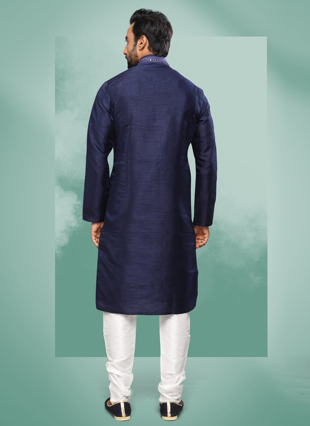 Kurta Pyjama Art Silk Blue Embroidered Mens