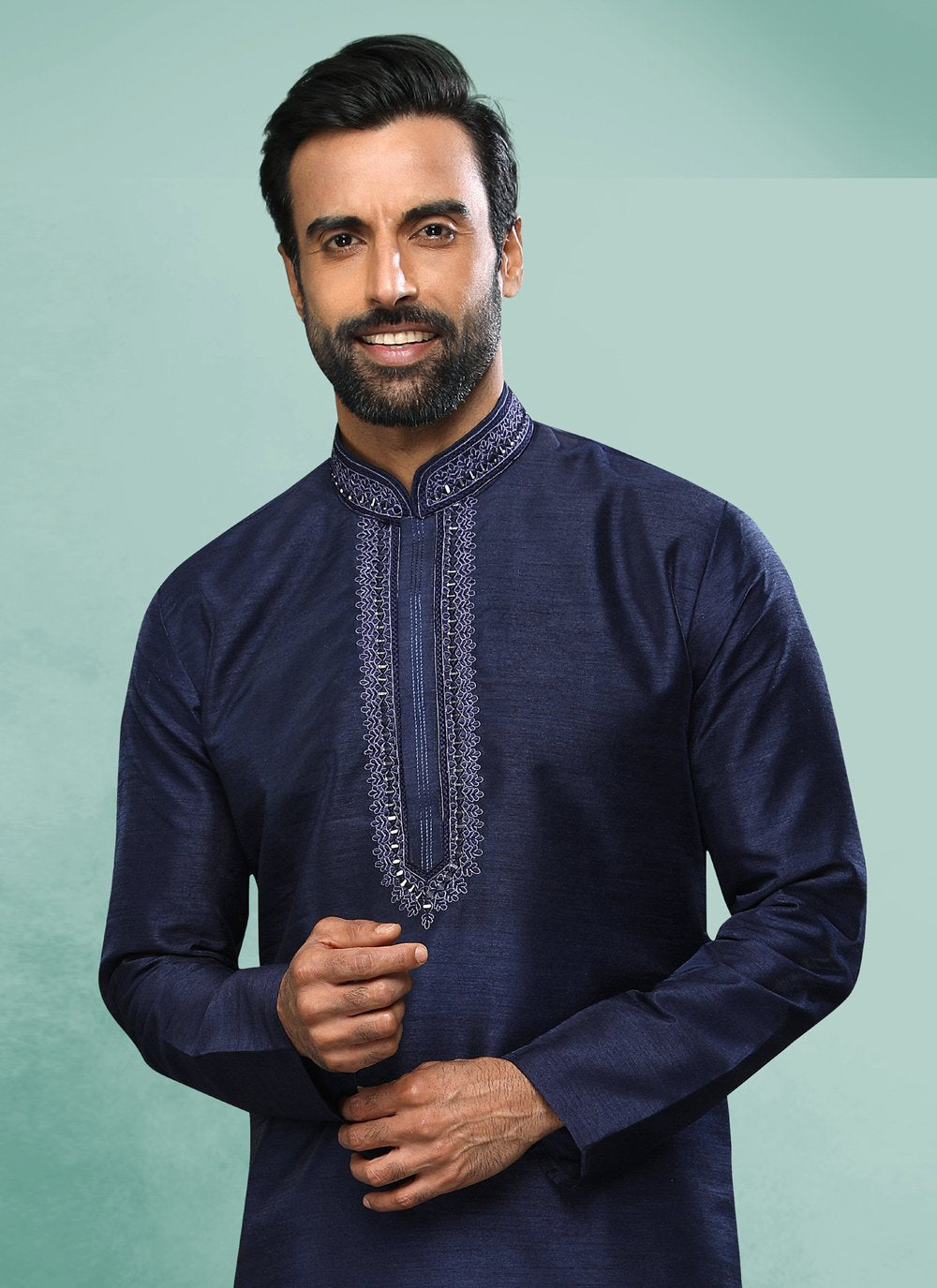 Kurta Pyjama Art Silk Blue Embroidered Mens