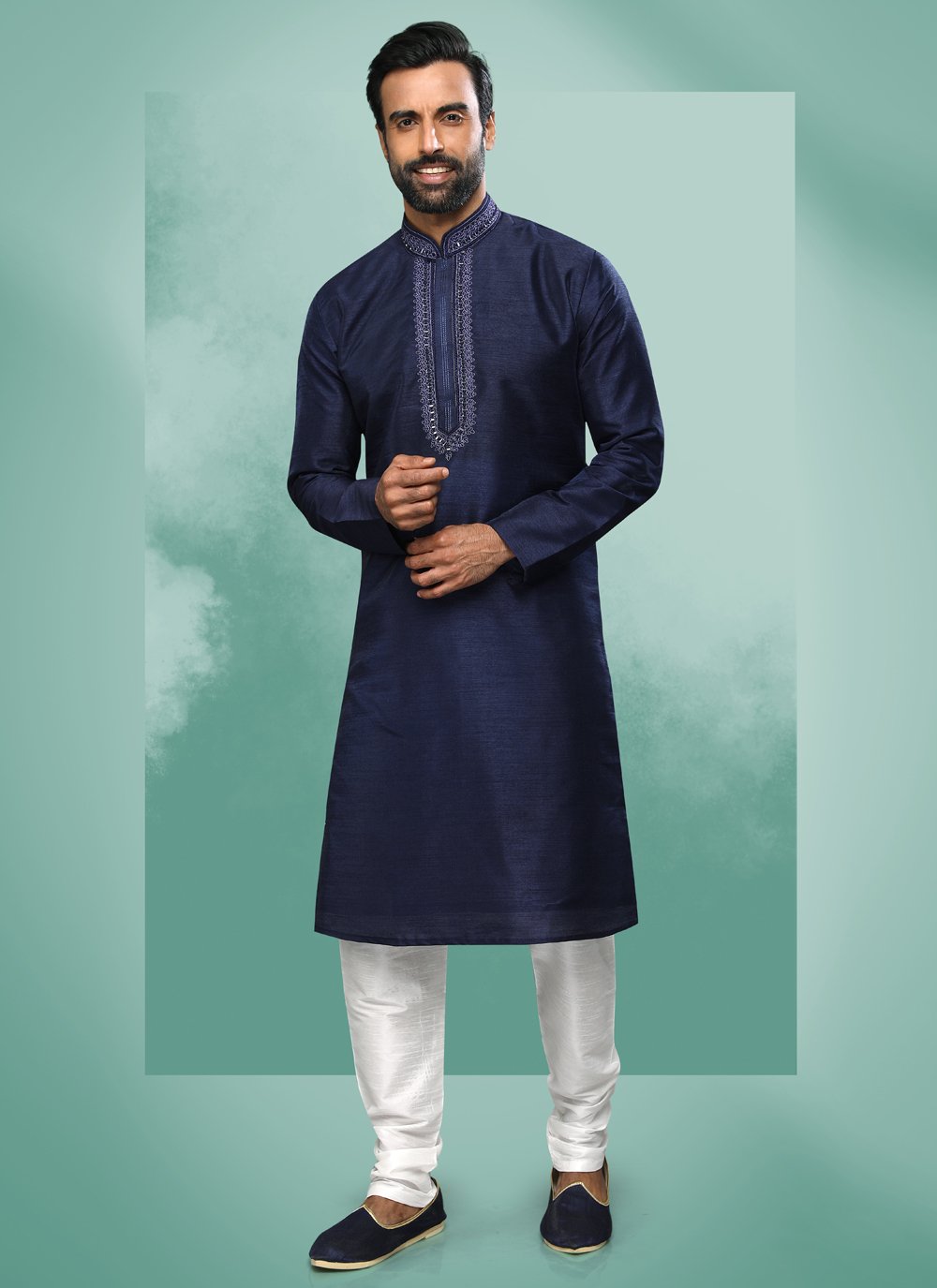 Kurta Pyjama Art Silk Blue Embroidered Mens