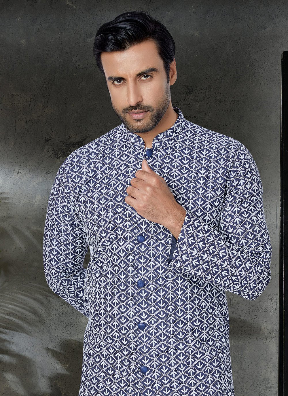 Kurta Pyjama Cotton Blue Embroidered Mens