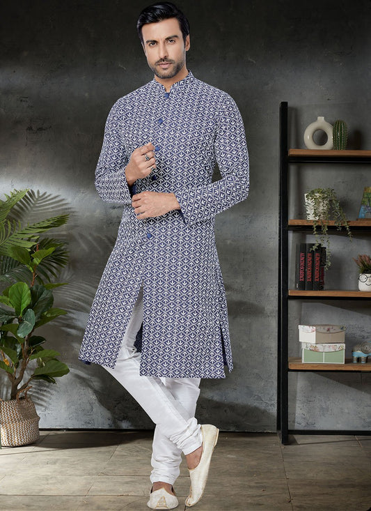 Kurta Pyjama Cotton Blue Embroidered Mens