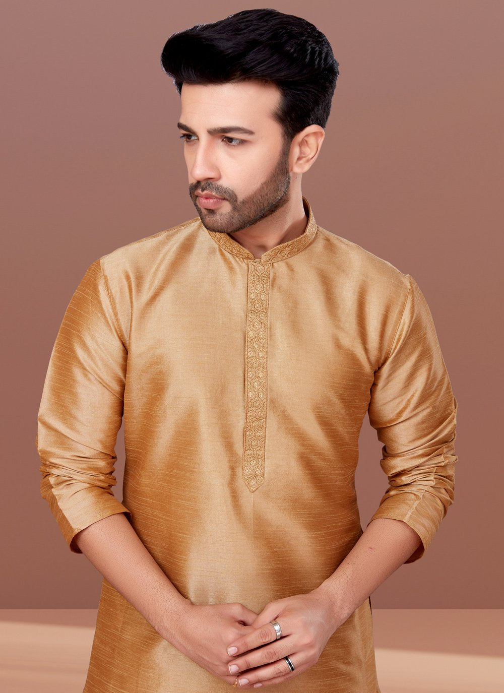 Kurta Pyjama Dupion Silk Beige Embroidered Mens