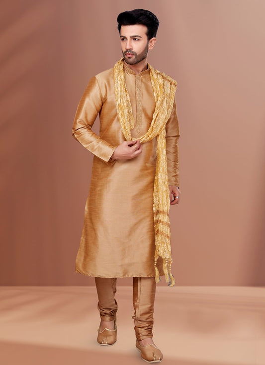 Kurta Pyjama Dupion Silk Beige Embroidered Mens