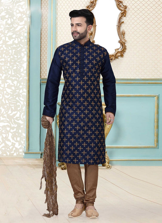 Kurta Pyjama Dupion Silk Blue Embroidered Mens