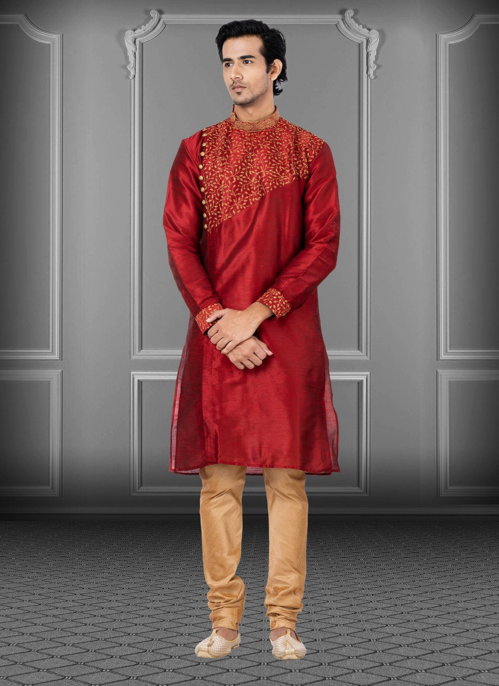 Kurta Pyjama Dupion Silk Red Embroidered Mens