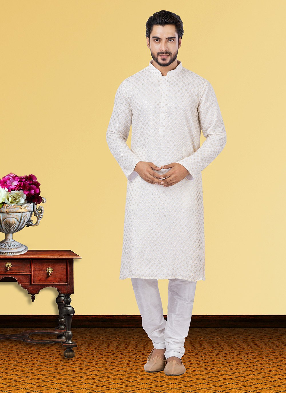 Kurta Pyjama Georgette Off White Embroidered Mens