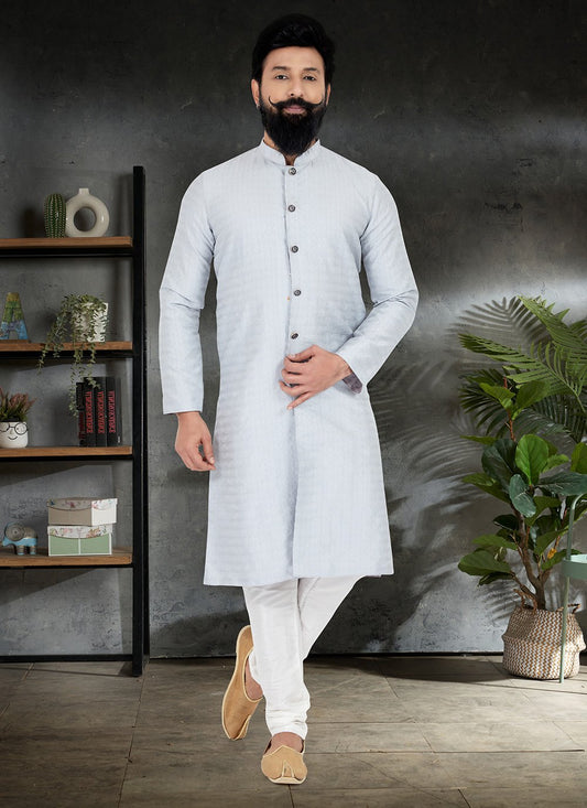 Kurta Pyjama Jacquard Aqua Blue Embroidered Mens