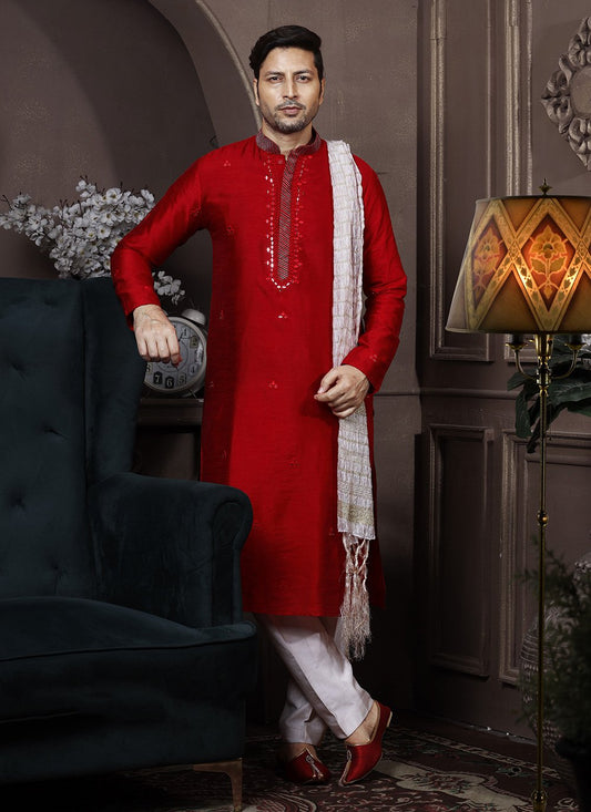 Kurta Pyjama Silk Red Embroidered Mens