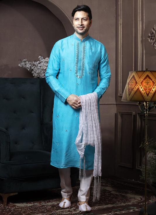 Kurta Pyjama Silk Turquoise Embroidered Mens