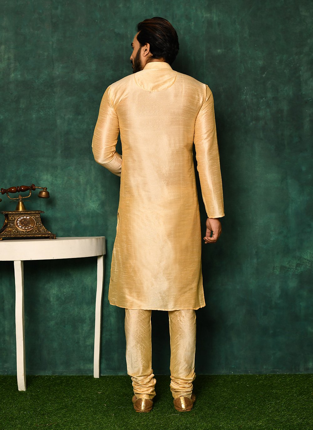 Kurta Pyjama Art Silk Beige Fancy Work Mens