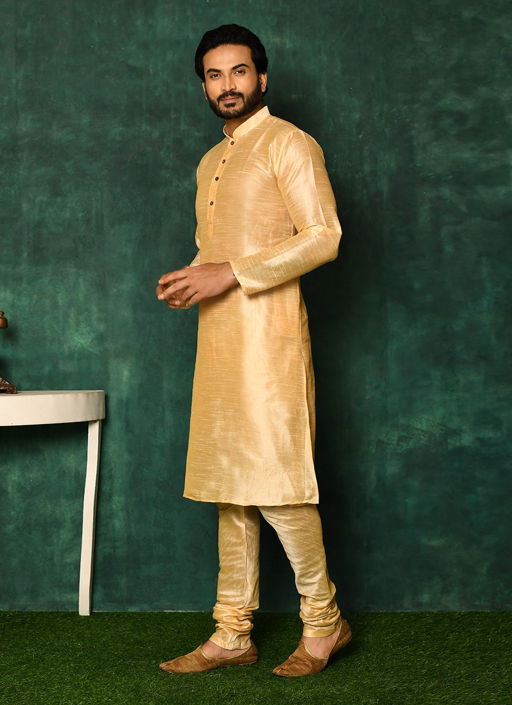 Kurta Pyjama Art Silk Beige Fancy Work Mens