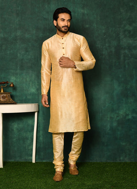 Kurta Pyjama Art Silk Beige Fancy Work Mens