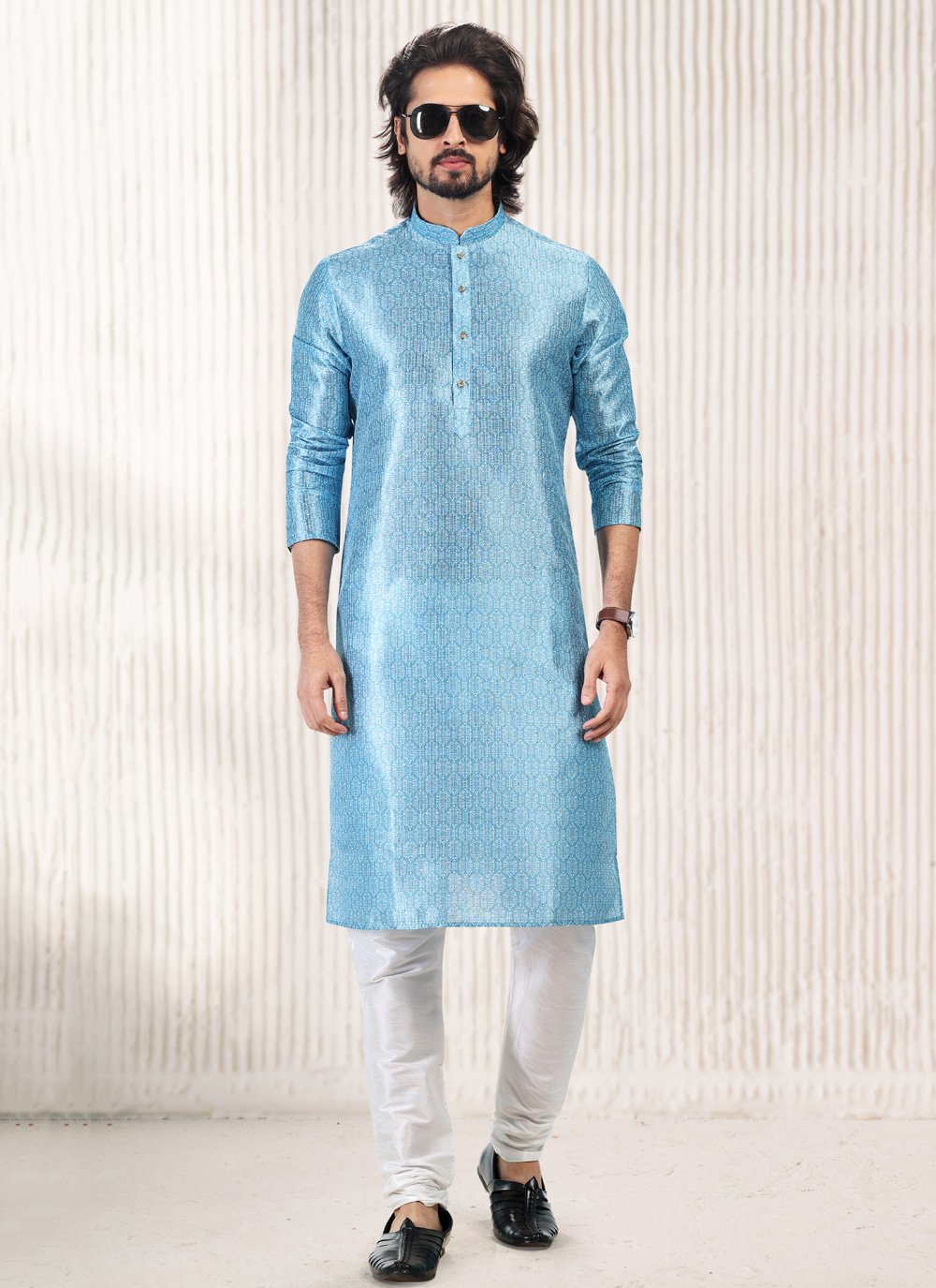 Kurta Pyjama Banarasi Jacquard Aqua Blue Fancy Work Mens