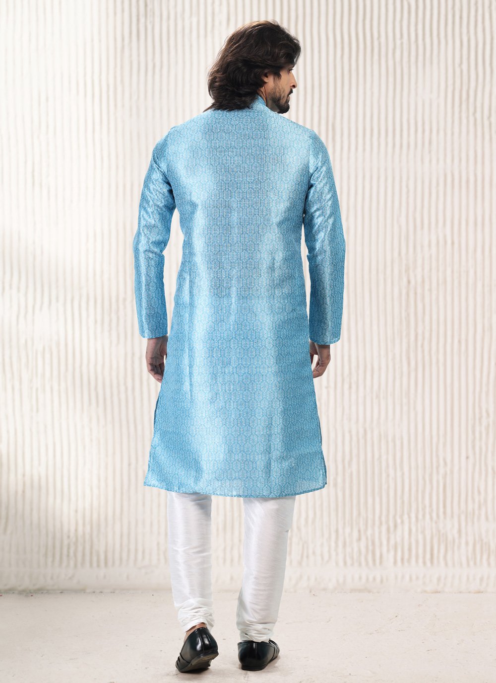 Kurta Pyjama Banarasi Jacquard Aqua Blue Fancy Work Mens