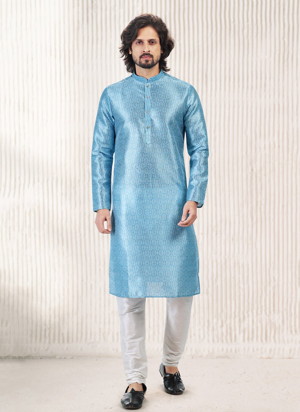 Kurta Pyjama Banarasi Jacquard Aqua Blue Fancy Work Mens