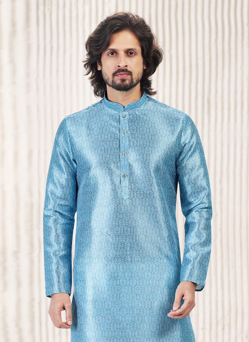 Kurta Pyjama Banarasi Jacquard Aqua Blue Fancy Work Mens