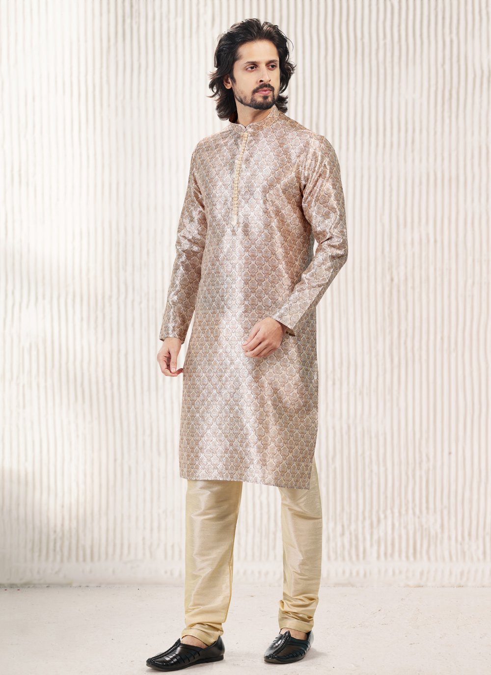 Kurta Pyjama Banarasi Jacquard Beige Fancy Work Mens