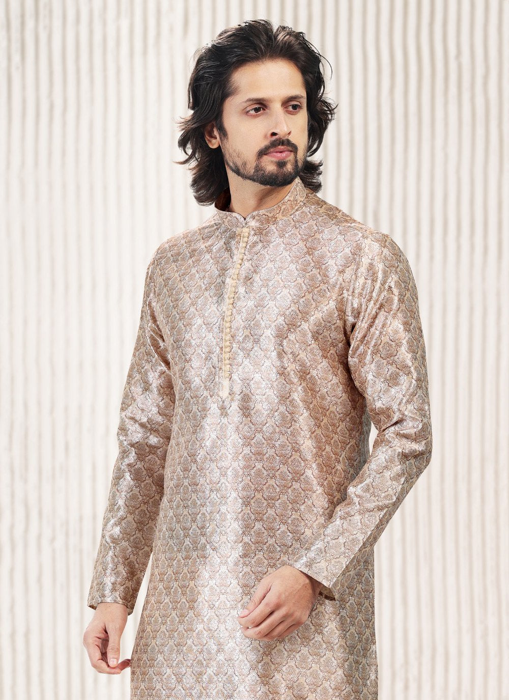 Kurta Pyjama Banarasi Jacquard Beige Fancy Work Mens