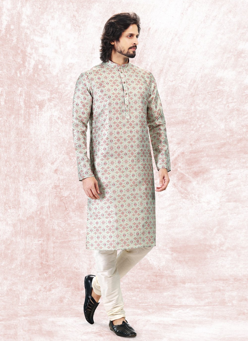 Kurta Pyjama Banarasi Jacquard Green Fancy Work Mens