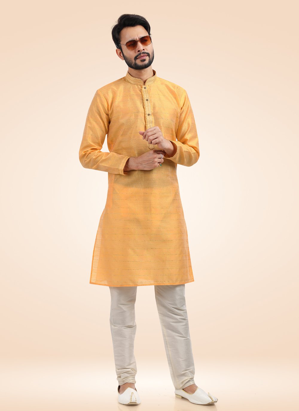 Kurta Pyjama Banarasi Jacquard Orange Fancy Work Mens