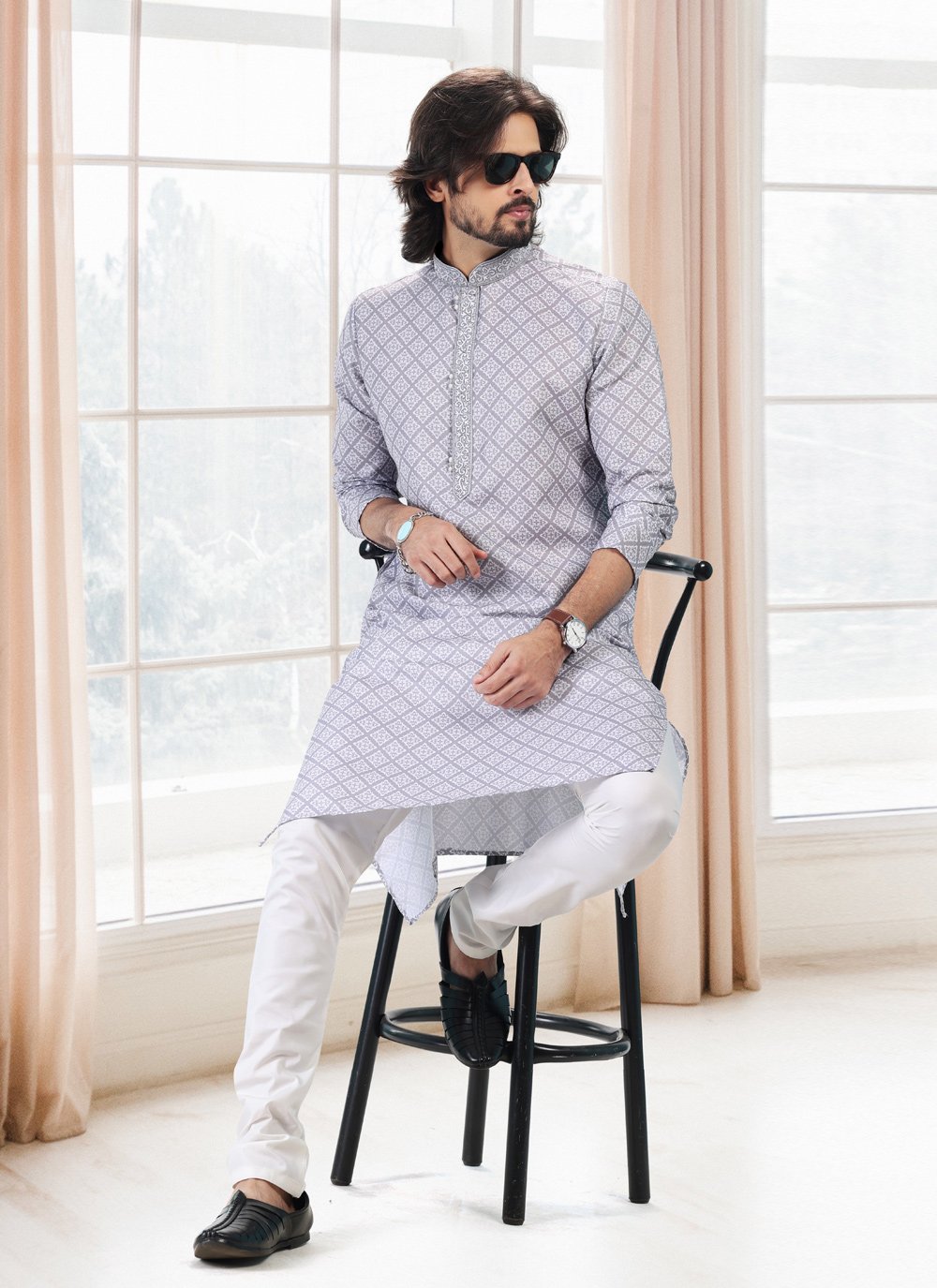 Kurta Pyjama Cotton Grey Fancy Work Mens