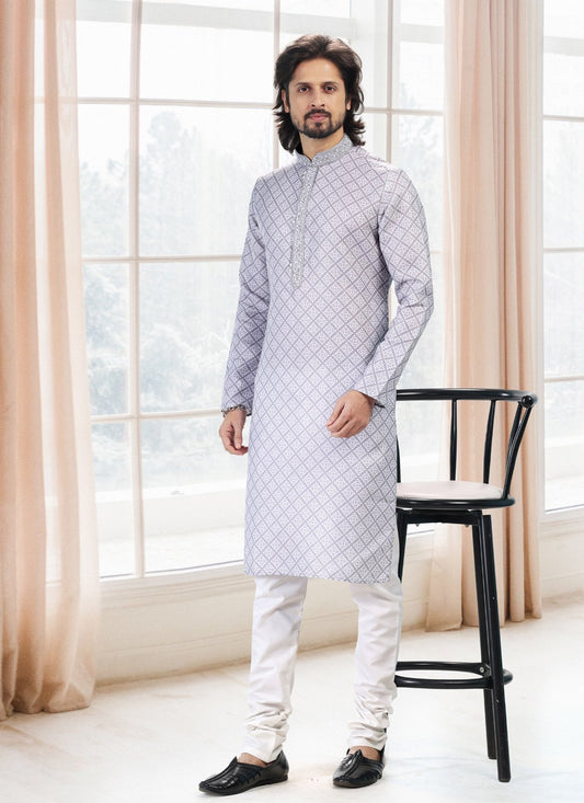 Kurta Pyjama Cotton Grey Fancy Work Mens