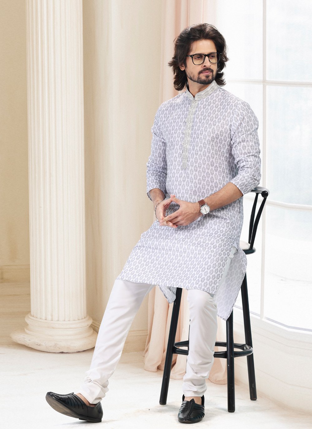 Kurta Pyjama Cotton Grey Off White Fancy Work Mens