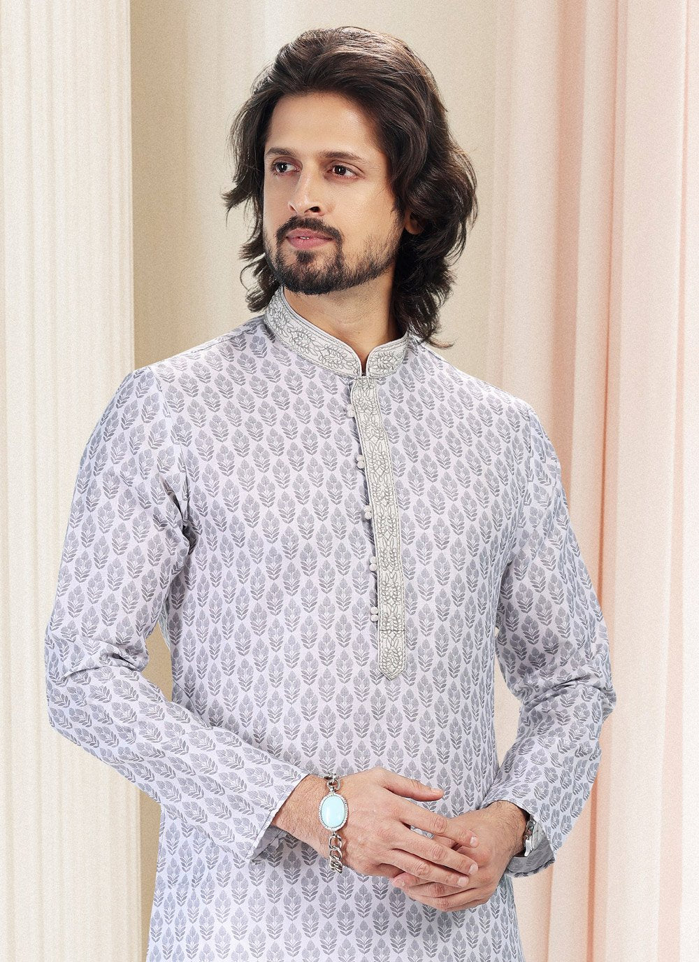 Kurta Pyjama Cotton Grey Off White Fancy Work Mens