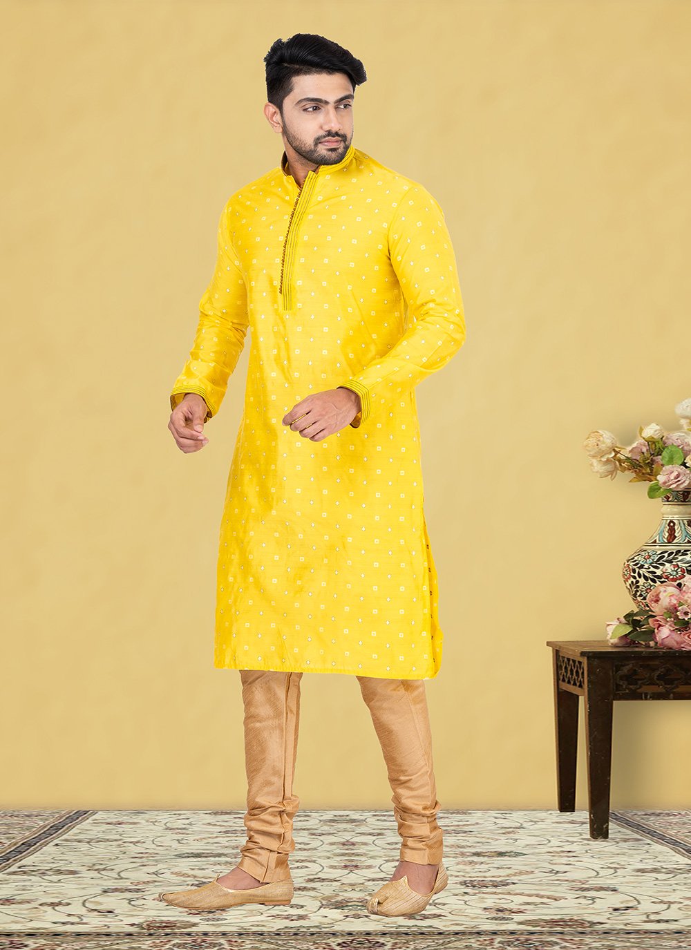 Kurta Pyjama Cotton Mustard Fancy Work Mens