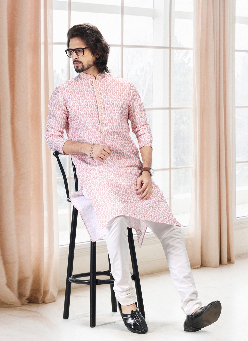 Kurta Pyjama Cotton Off White Pink Fancy Work Mens