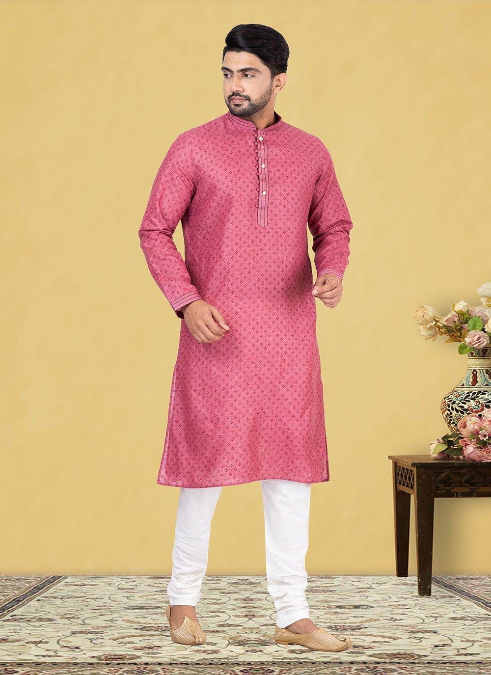 Kurta Pyjama Cotton Linen Pink Fancy Work Mens