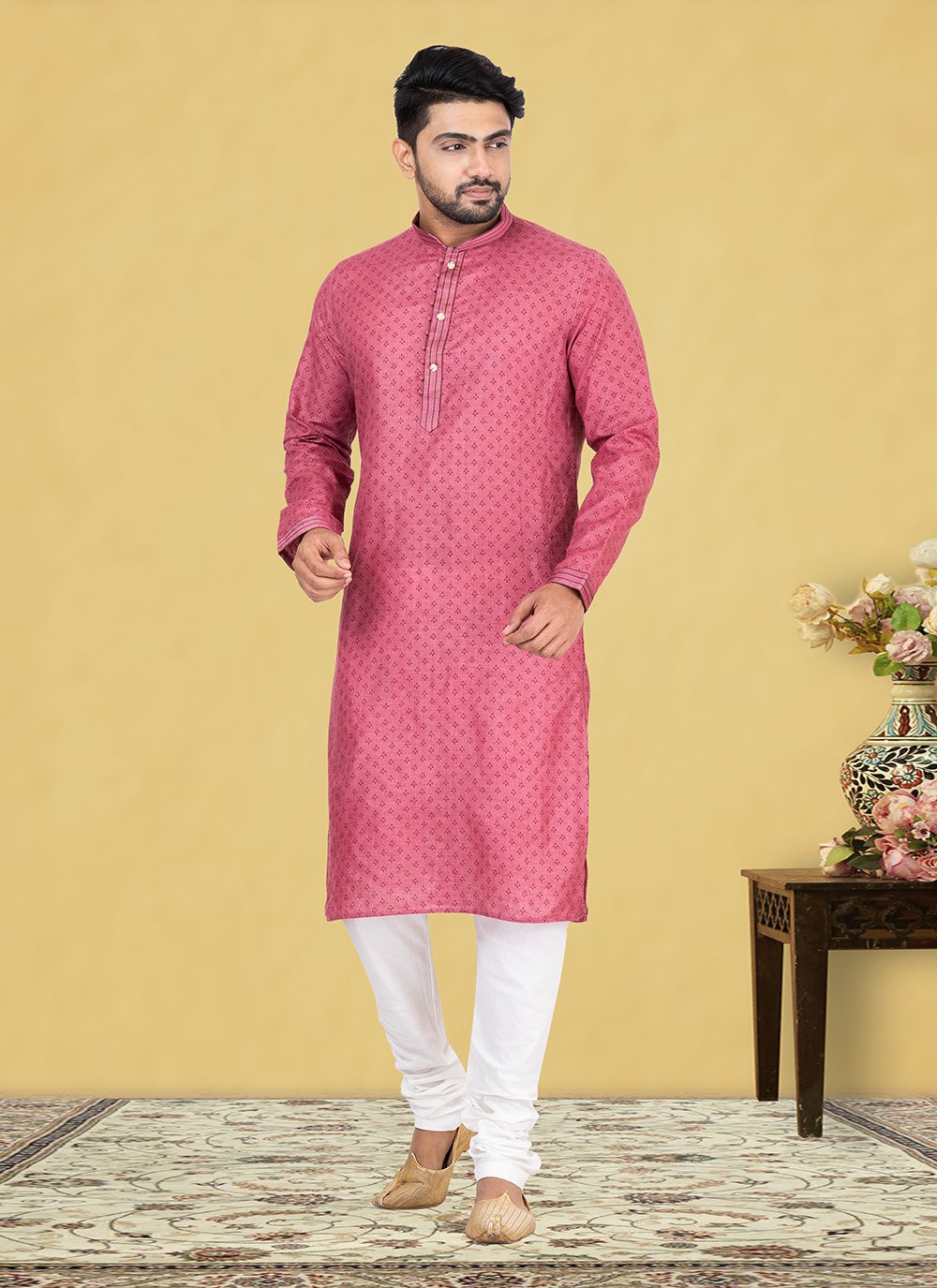 Kurta Pyjama Cotton Linen Pink Fancy Work Mens