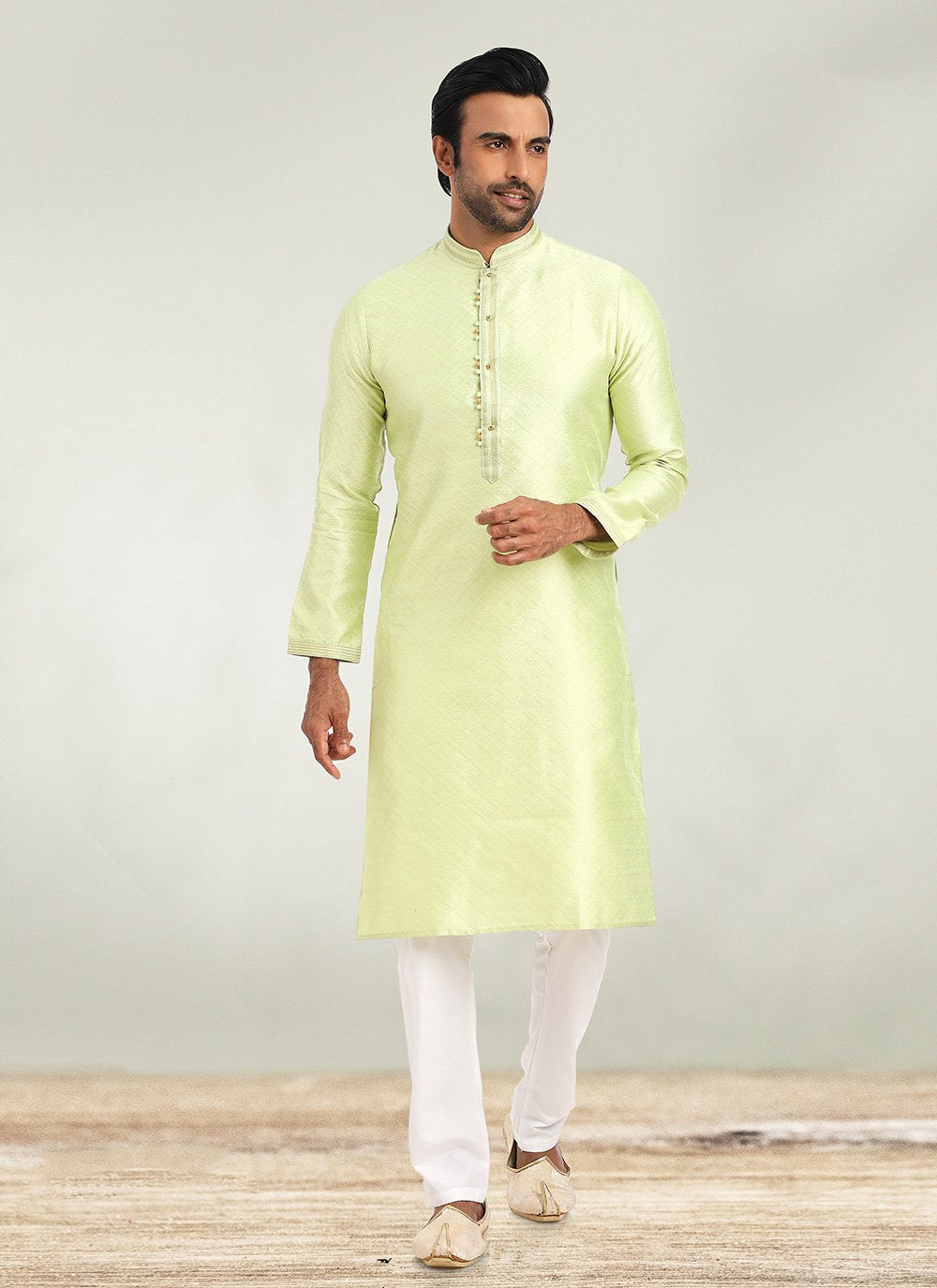 Kurta Pyjama Jacquard Green Fancy Work Mens