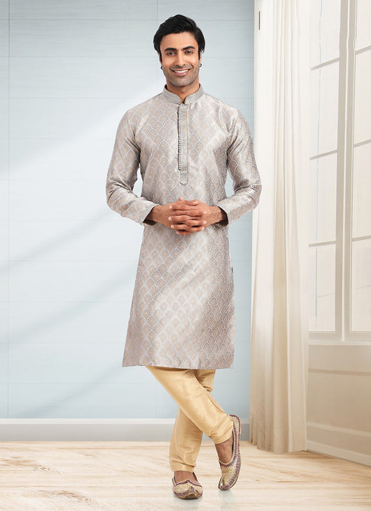 Kurta Pyjama Jacquard Grey Fancy Work Mens