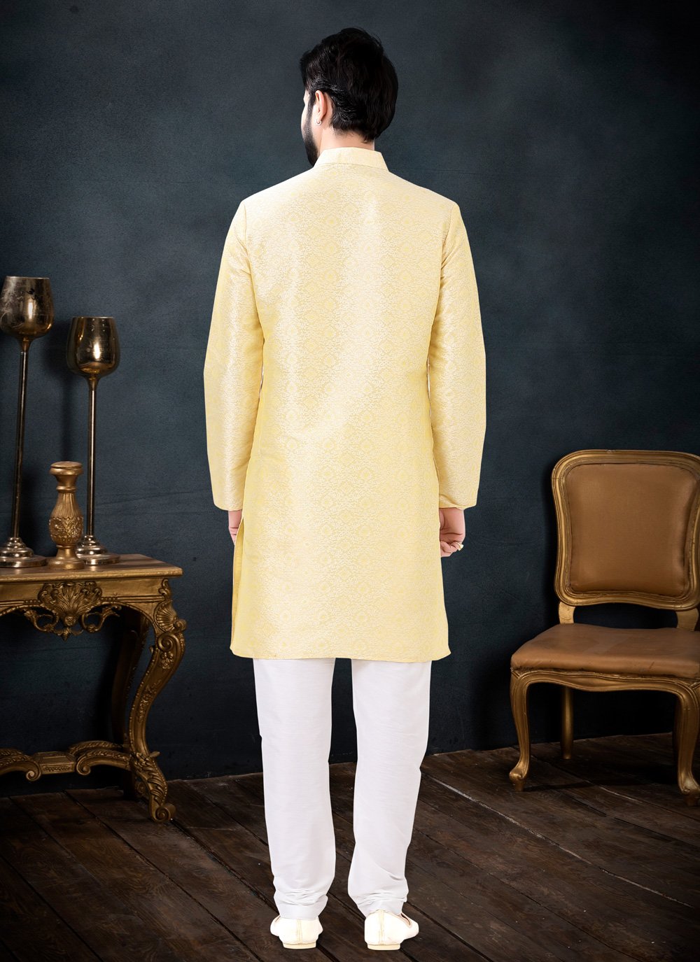 Kurta Pyjama Jacquard Yellow Fancy Work Mens