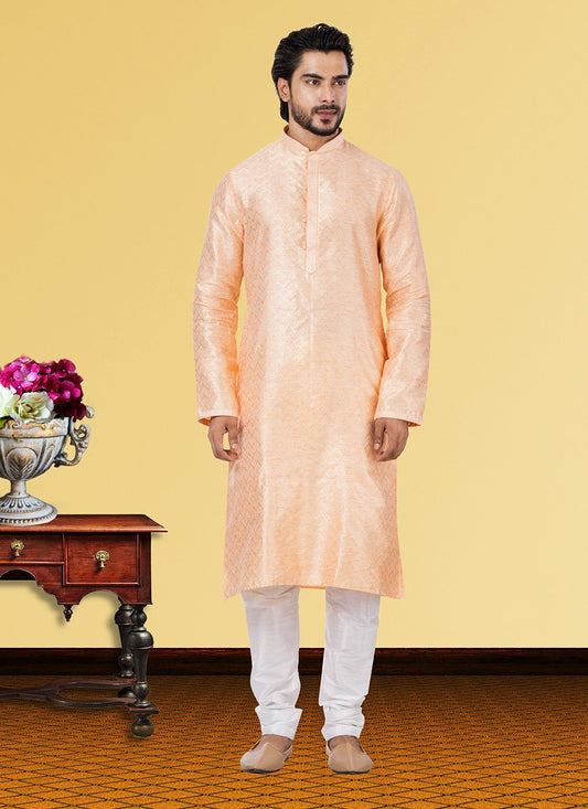 Kurta Pyjama Linen Silk Peach Fancy Work Mens