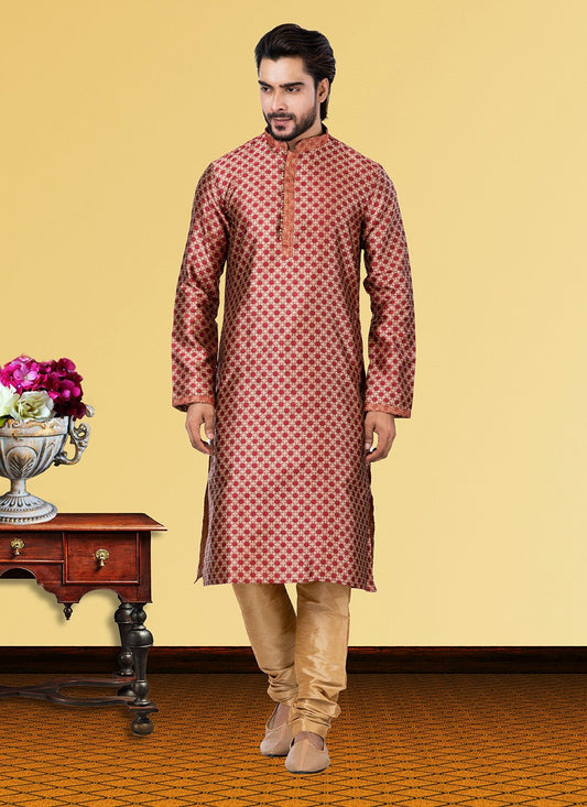 Kurta Pyjama Jacquard Maroon Jacquard Work Mens