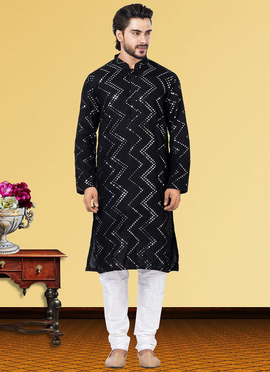 Kurta Pyjama Georgette Black Embroidered Mens