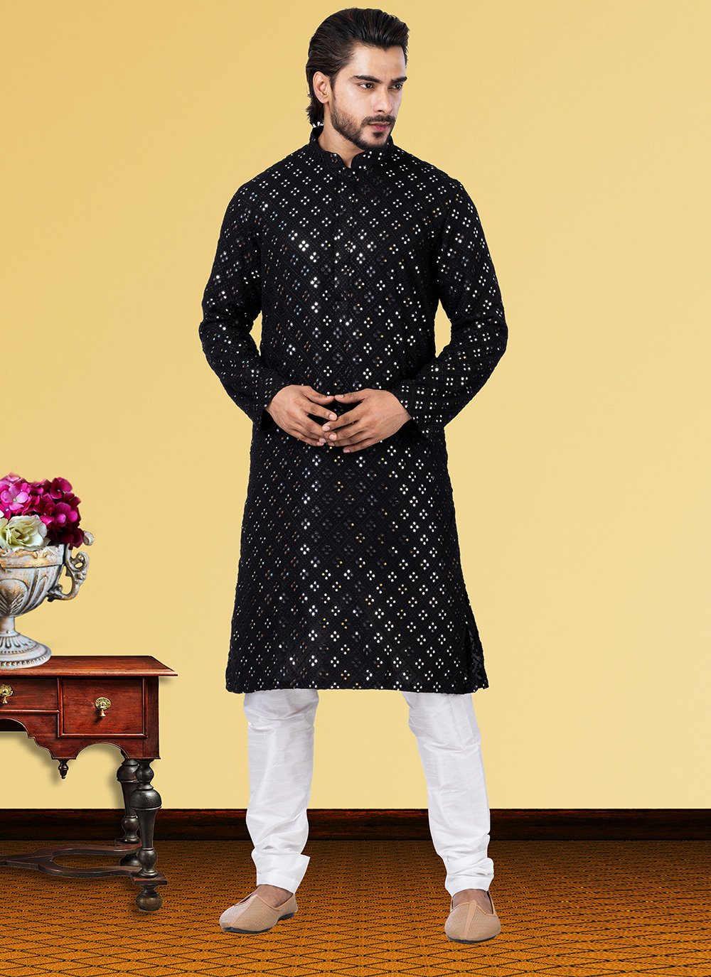 Kurta Pyjama Georgette Black Embroidered Mens