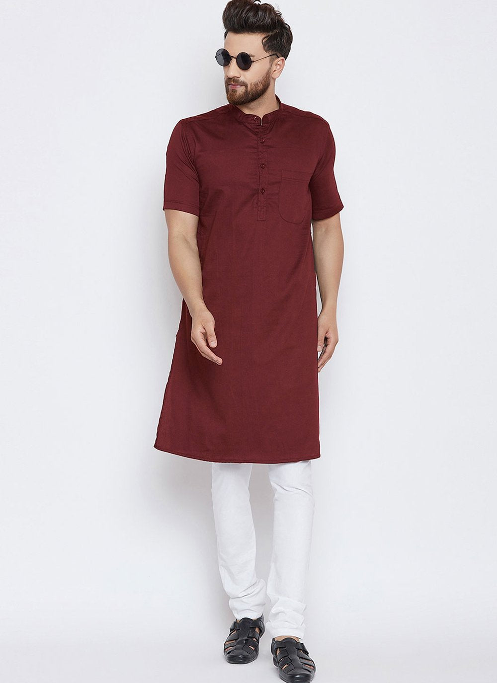 Kurta Pyjama Blended Cotton Maroon Plain Mens