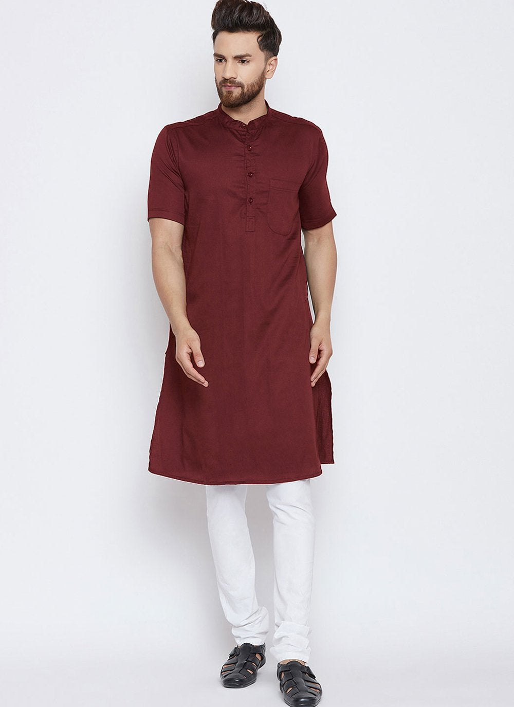 Kurta Pyjama Blended Cotton Maroon Plain Mens