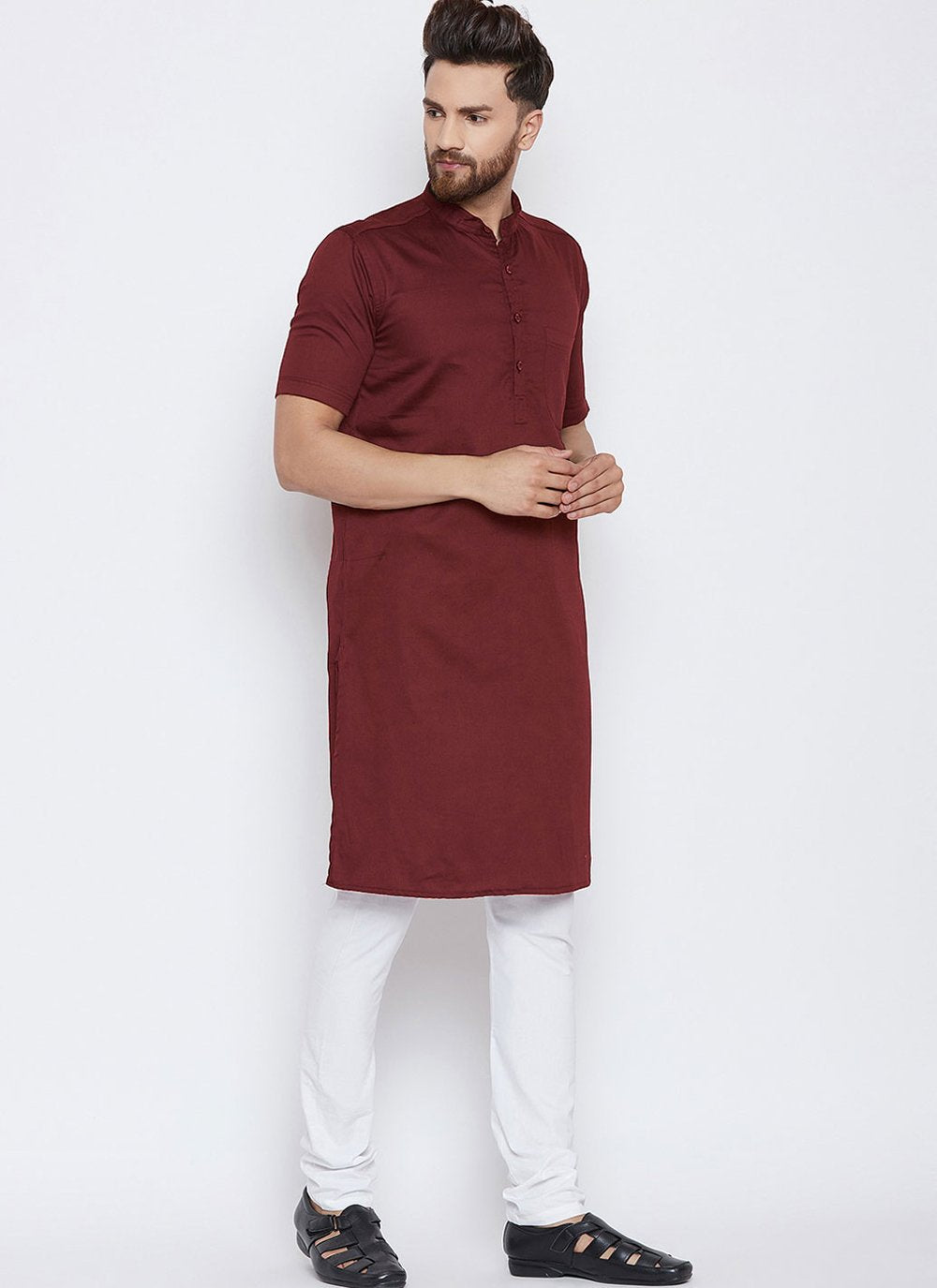 Kurta Pyjama Blended Cotton Maroon Plain Mens