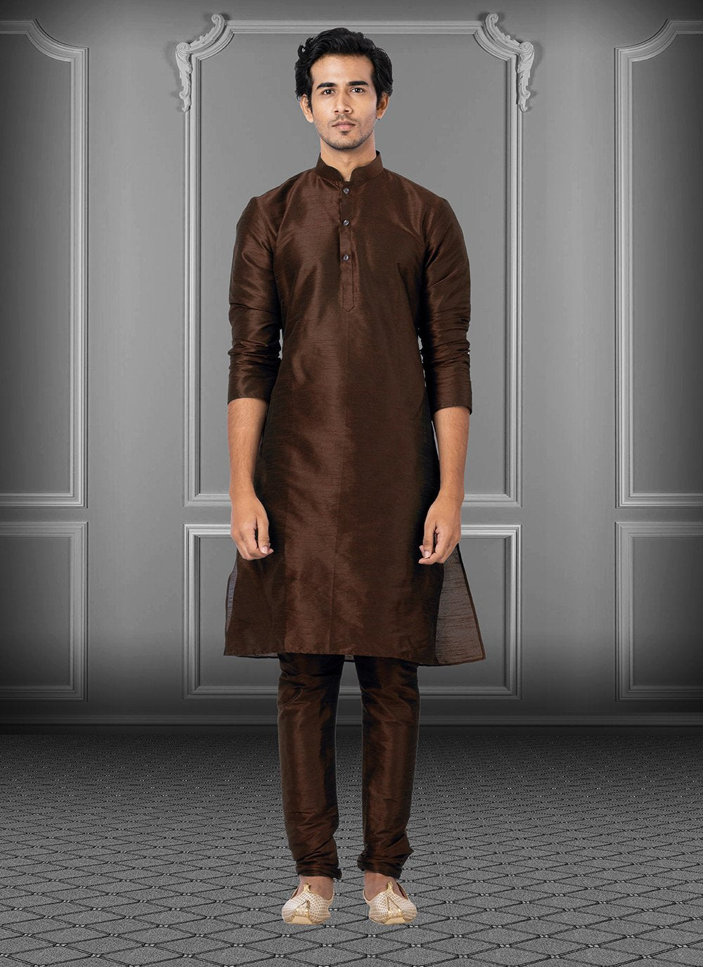 Kurta Pyjama Dupion Silk Brown Plain Mens