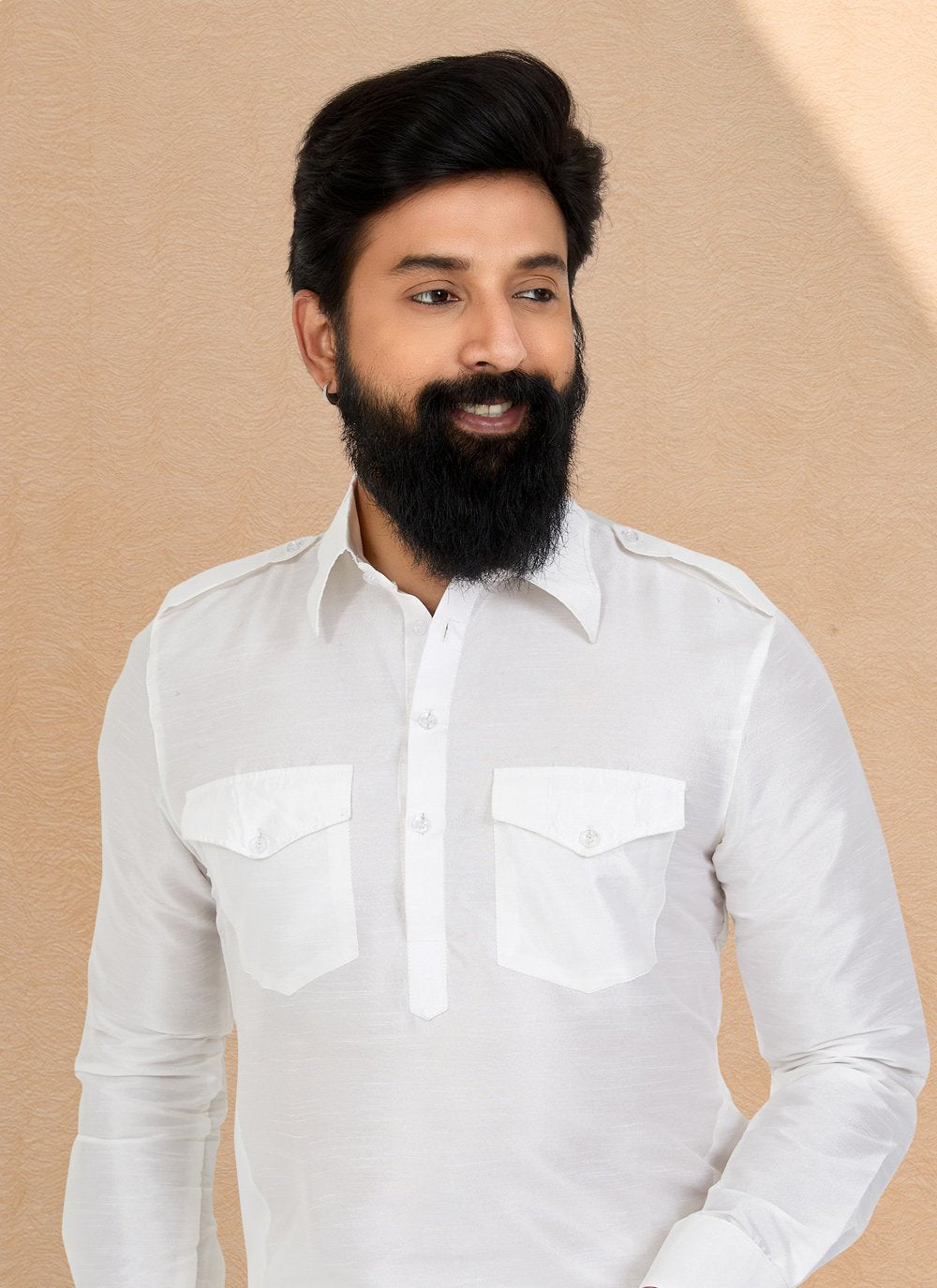 Kurta Pyjama Dupion Silk White Plain Mens