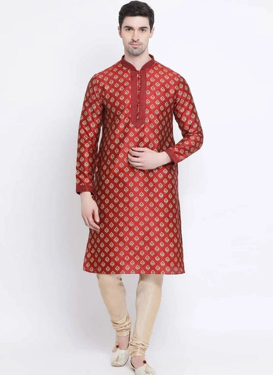 Kurta Pyjama Art Dupion Silk Maroon Print Mens