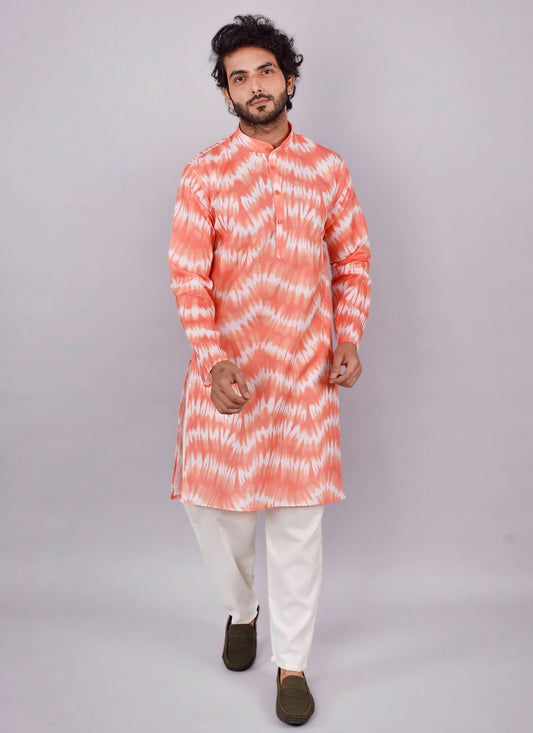 Kurta Pyjama Blended Cotton Orange Print Mens