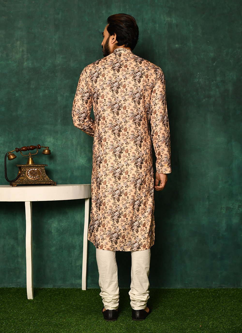 Kurta Pyjama Cotton Yellow Print Mens