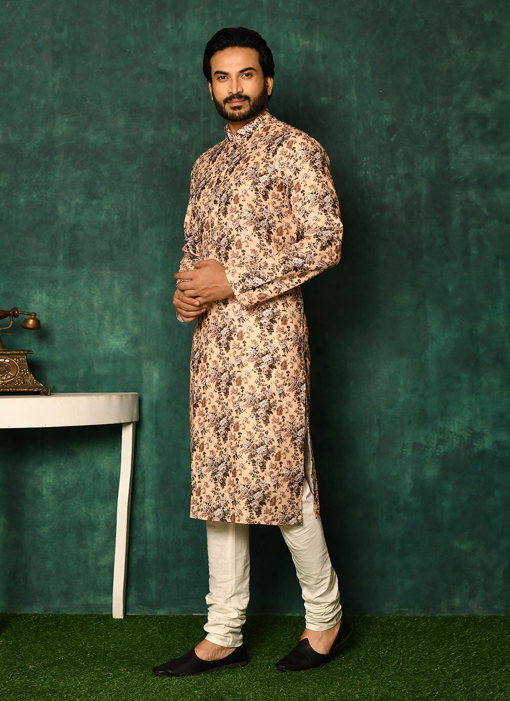 Kurta Pyjama Cotton Yellow Print Mens