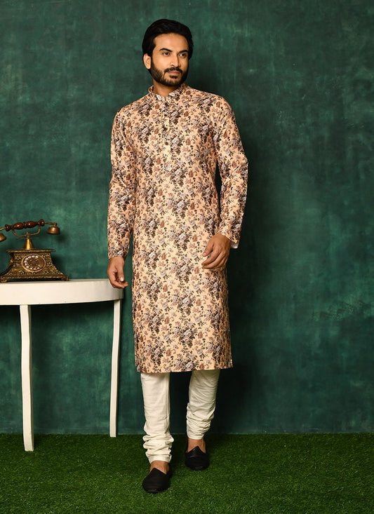 Kurta Pyjama Cotton Yellow Print Mens